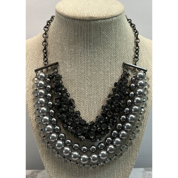 Ann Taylor Loft Necklace Gray Layered Bulky Beads Rhinestones Bib Style 14" - Picture 7 of 8